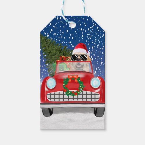 Golden Retriever Dog Driving Car In Snow Christmas Gift Tags