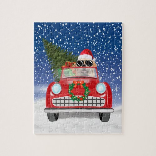 Golden Retriever Dog Driving Car In Snow Christmas Jigsaw Puzzle