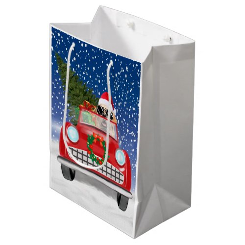 Golden Retriever Dog Driving Car In Snow Christmas Medium Gift Bag