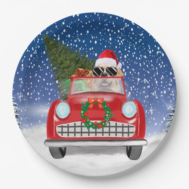 Golden Retriever Dog Driving Car In Snow Christmas Paper Plates (Front)