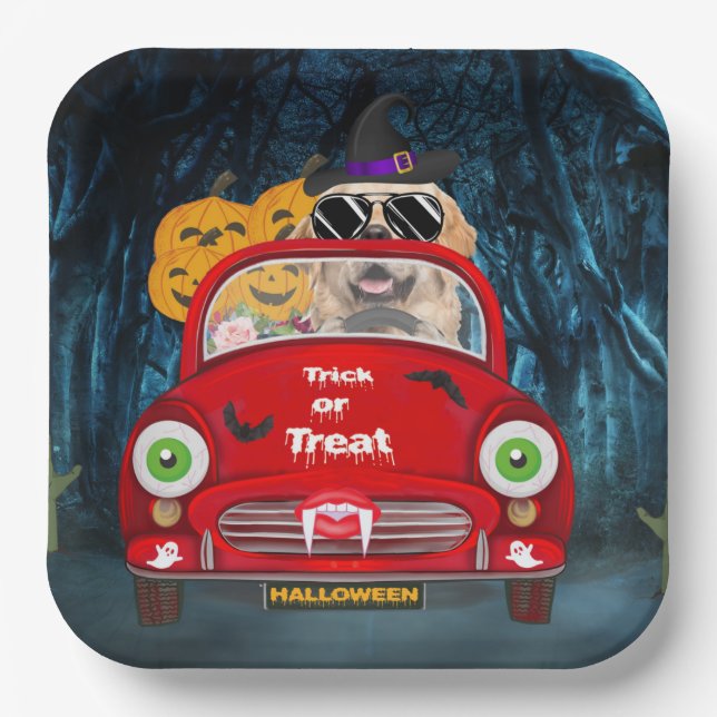 Golden Retriever Dog Driving Car Scary Halloween  Paper Plates (Front)