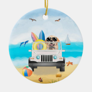 golden retriever dog Driving on Beach Ceramic Ornament