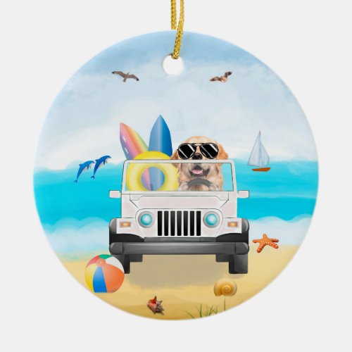 golden retriever dog Driving on Beach  Ceramic Ornament