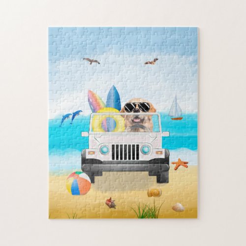 Golden Retriever dog Driving on Beach  Jigsaw Puzzle