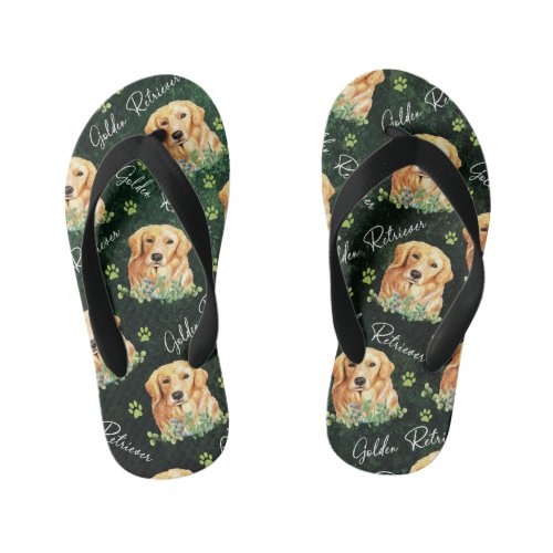 Golden Retriever Dog Eucalyptus Leaves Paw Print Kids Flip Flops