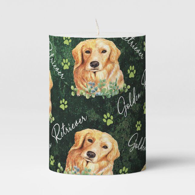 Golden Retriever Dog, Eucalyptus Leaves, Paw Print Pillar Candle (Front)