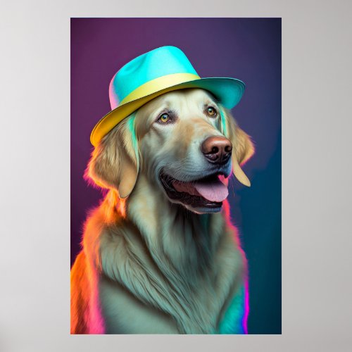 Golden Retriever Dog Fedora Hat Colorful Vibrant Poster