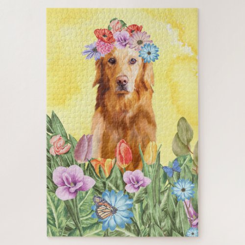 Golden Retriever Dog Flowers Jigsaw Puzzle