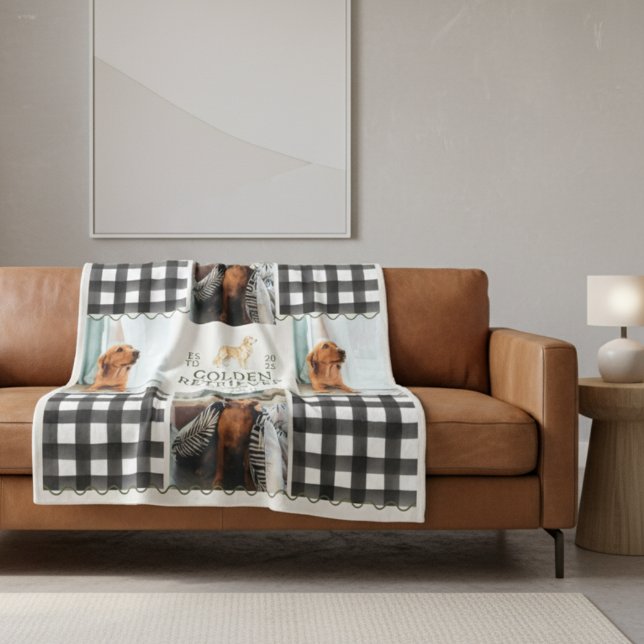 Golden Retriever Dog Four Photo Checkered Gingham  Fleece Blanket (Cozy up with this Checkered Gingham Golden Retriever Pet Four Photo Blanket!)