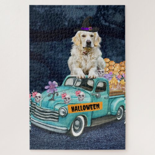 Golden Retriever Dog Halloween Truck Scary Night  Jigsaw Puzzle