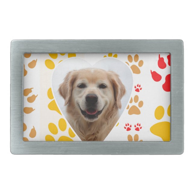 Golden Retriever Dog Hearts Paws Print Rectangular Belt Buckle (Front)