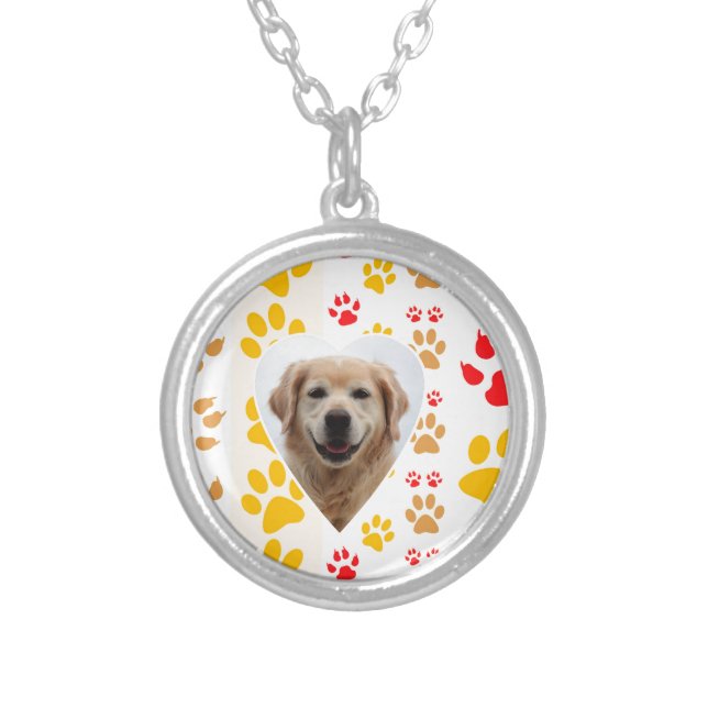 Golden Retriever Dog Hearts Paws Print Silver Plated Necklace (Front)