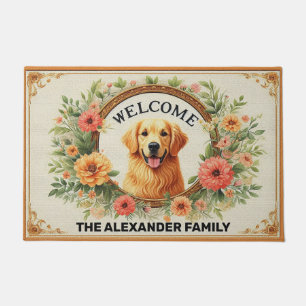 Golden Retriever Dog Home Sweet, Floral Welcome Doormat