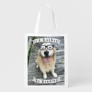 Golden Retriever Dog I'd Rather Be Reading Reusable Grocery Bag
