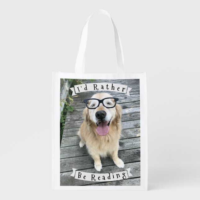 Golden Retriever Dog I'd Rather Be Reading Reusable Grocery Bag (Front)