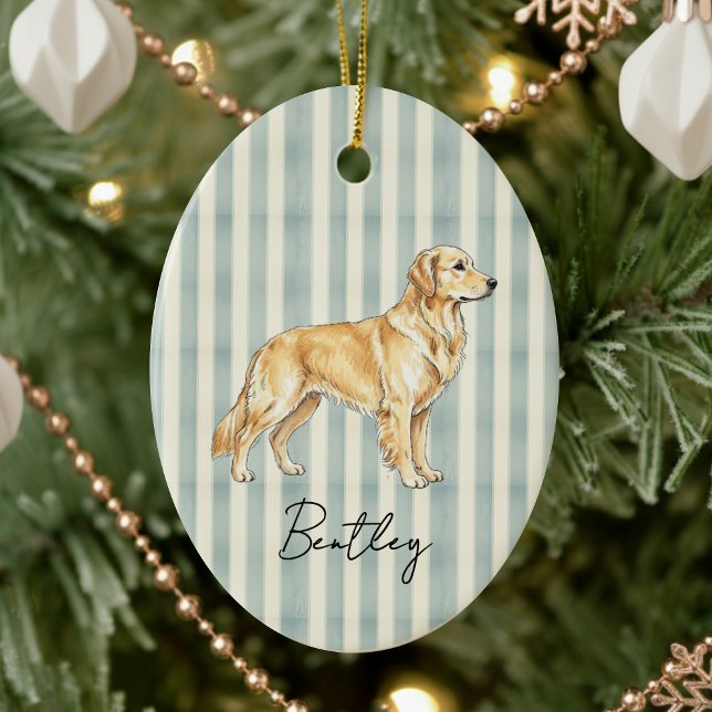 Golden Retriever Dog Illustration Stripe Christmas Ceramic Ornament (Celebrate the holidays with this timeless, vintage striped pet portrait! )