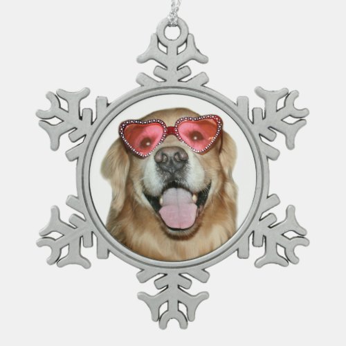 Golden Retriever Dog in Heart Sunglasses Holiday Snowflake Pewter Christmas Ornament