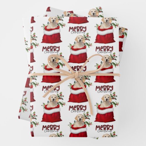 Golden Retriever Dog in Holiday Gift Bag Wrapping Paper Sheets