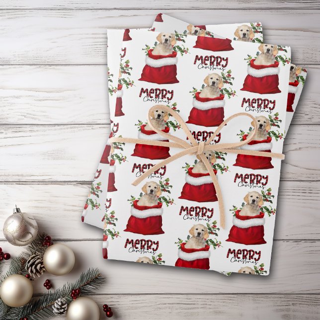 Golden Retriever Dog in Holiday Gift Bag Wrapping Paper Sheets (Creator Uploaded)