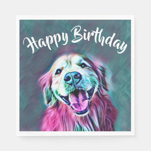 Golden Retriever Dog in Neon Colors Birthday Napkins