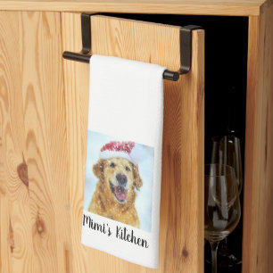 Golden Retriever Dog in Santa Hat, Custom Text Kitchen Towel