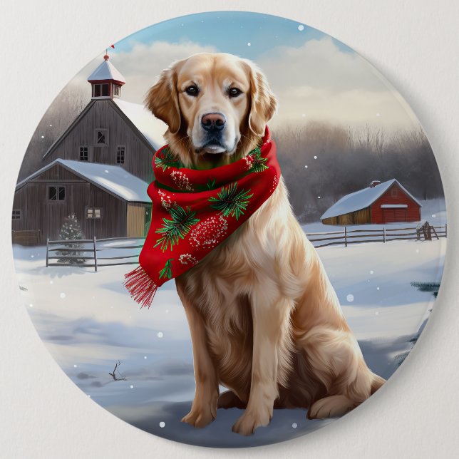 Golden Retriever Dog in Snow Christmas Button (Front)