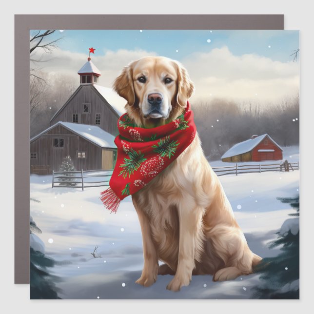 Golden Retriever Dog in Snow Christmas Car Magnet (Front)