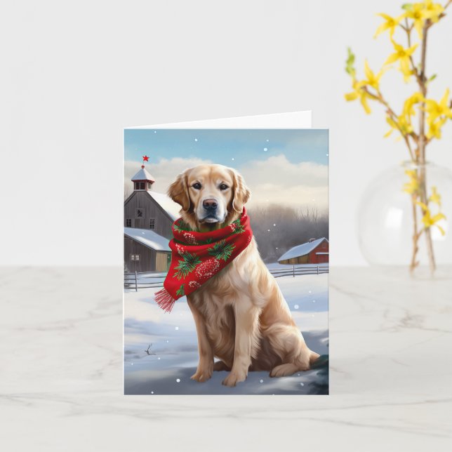 Golden Retriever Dog in Snow Christmas Card (Yellow Flower)