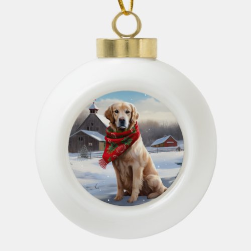 Golden Retriever Dog in Snow Christmas Ceramic Ball Christmas Ornament