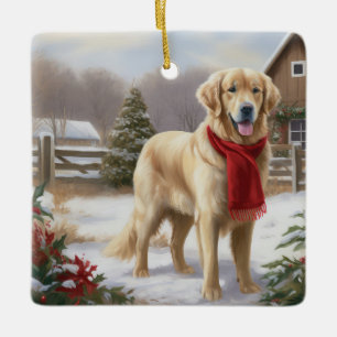 Golden Retriever Dog in Snow Christmas Ceramic Ornament