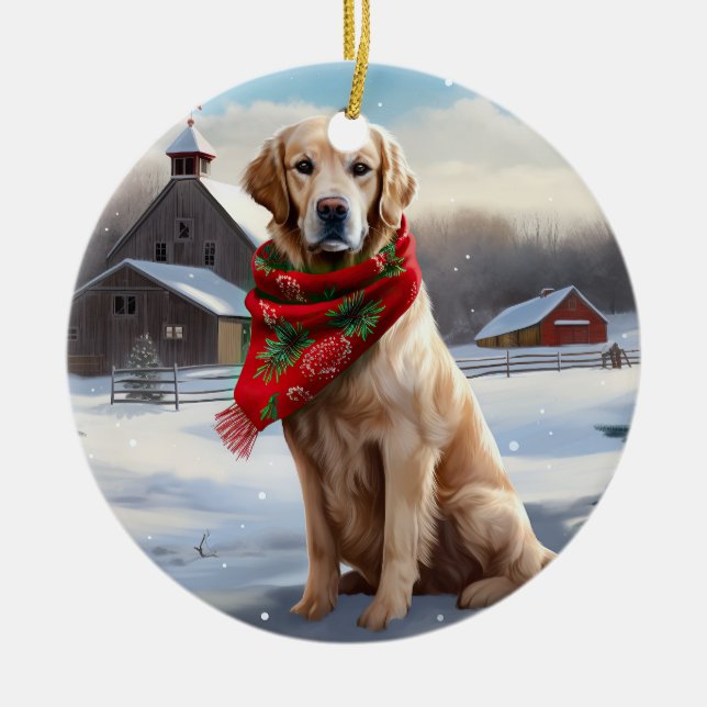 Golden Retriever Dog in Snow Christmas Ceramic Ornament (Front)