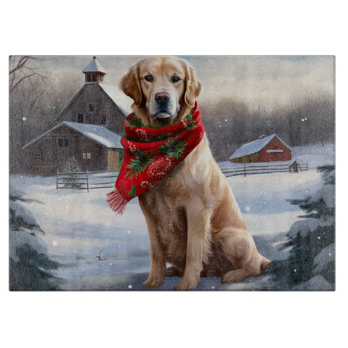 Golden Retriever Dog in Snow Christmas Cutting Board