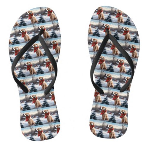 Golden Retriever Dog in Snow Christmas Flip Flops