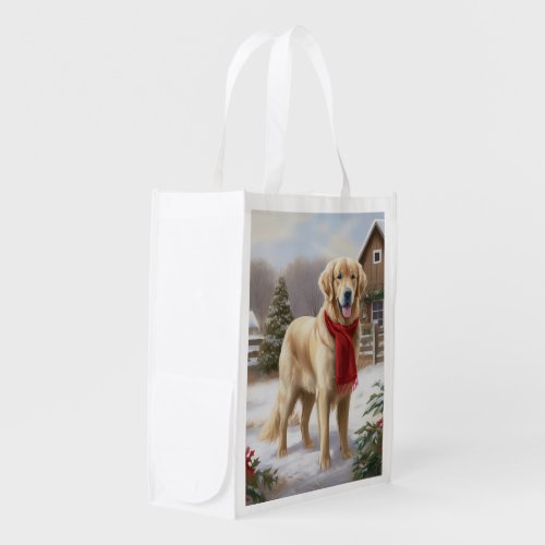 Golden Retriever Dog in Snow Christmas  Grocery Bag