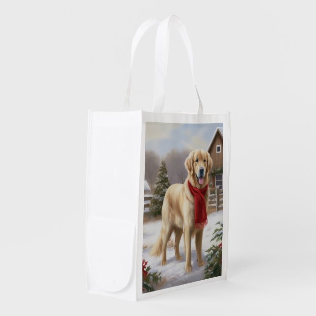 Golden Retriever Dog in Snow Christmas  Grocery Bag (Front Side)