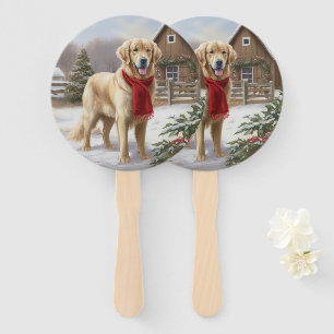 Golden Retriever Dog in Snow Christmas Hand Fan