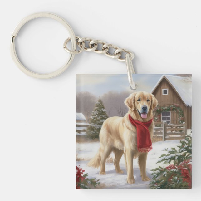 Golden Retriever Dog in Snow Christmas  Keychain (Front)