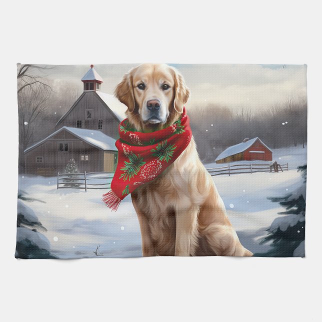 Golden Retriever Dog in Snow Christmas Kitchen Towel (Horizontal)