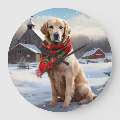 Golden Retriever Dog in Snow Christmas Large Clock