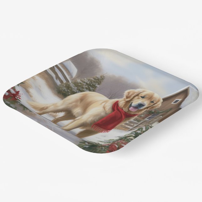 Golden Retriever Dog in Snow Christmas  Paper Plates (Angled)