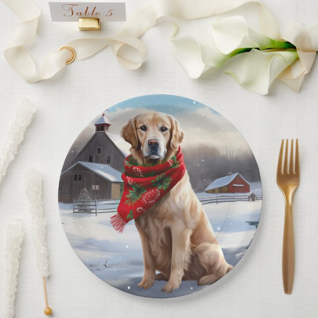 Golden Retriever Dog in Snow Christmas Paper Plates (Wedding)