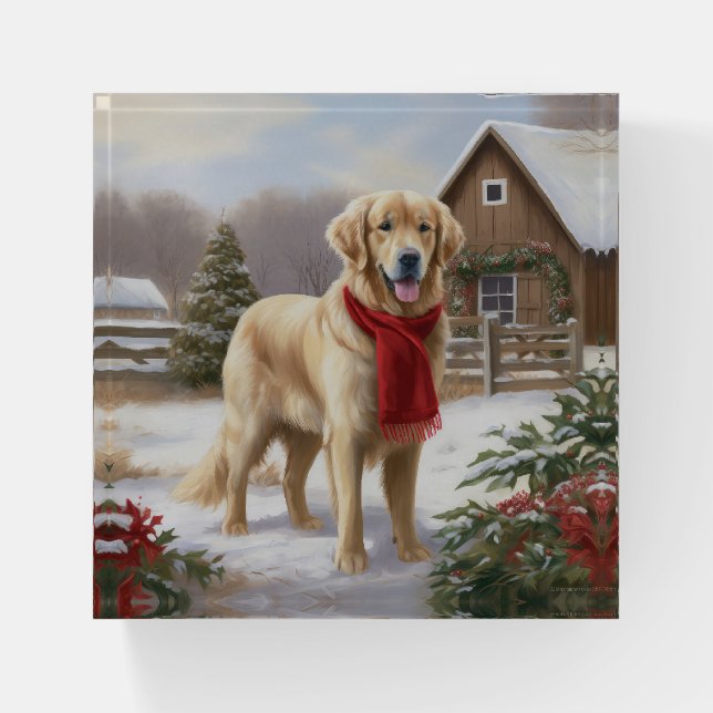 Golden Retriever Dog in Snow Christmas  Paperweight (Front)
