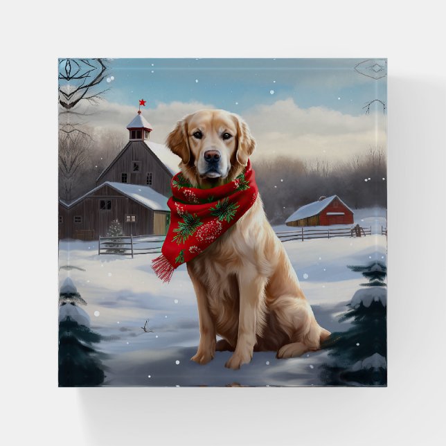 Golden Retriever Dog in Snow Christmas Paperweight (Front)