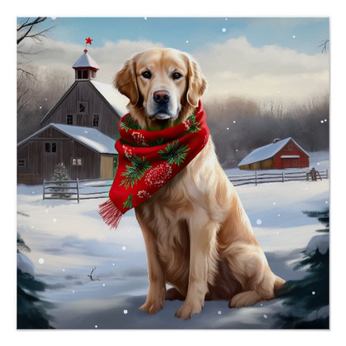 Golden Retriever Dog in Snow Christmas Poster