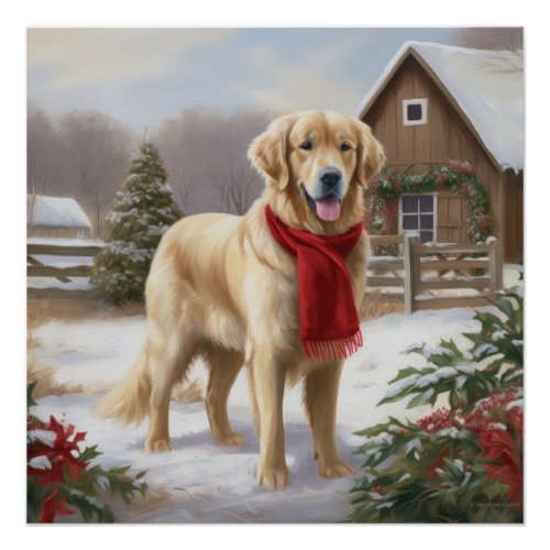 Golden Retriever Dog in Snow Christmas  Poster