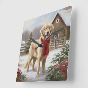 Golden Retriever Dog in Snow Christmas Square Wall Clock