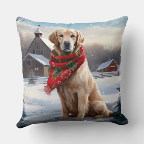 Golden Retriever Dog in Snow Christmas Throw Pillow