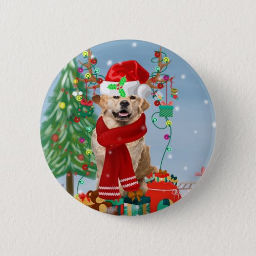 Golden Retriever Dog in Snow with Christmas Gifts Button