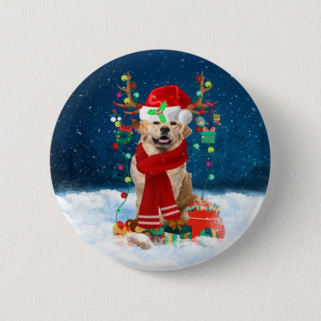 Golden Retriever Dog in Snow with Christmas Gifts  Button (Front)