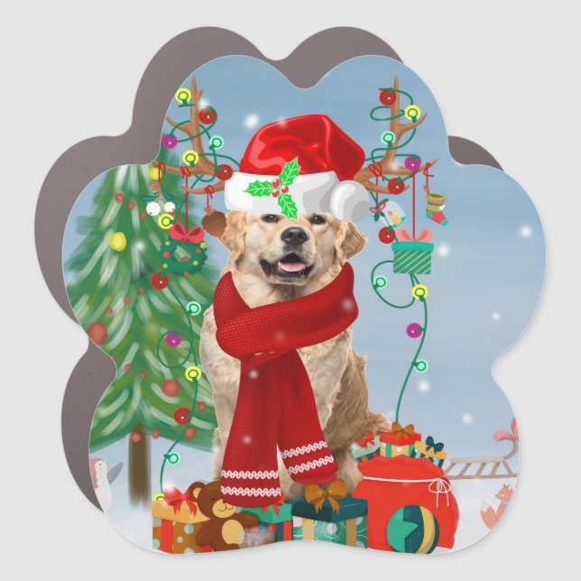 Golden Retriever Dog in Snow with Christmas Gifts  Car Magnet (Front)